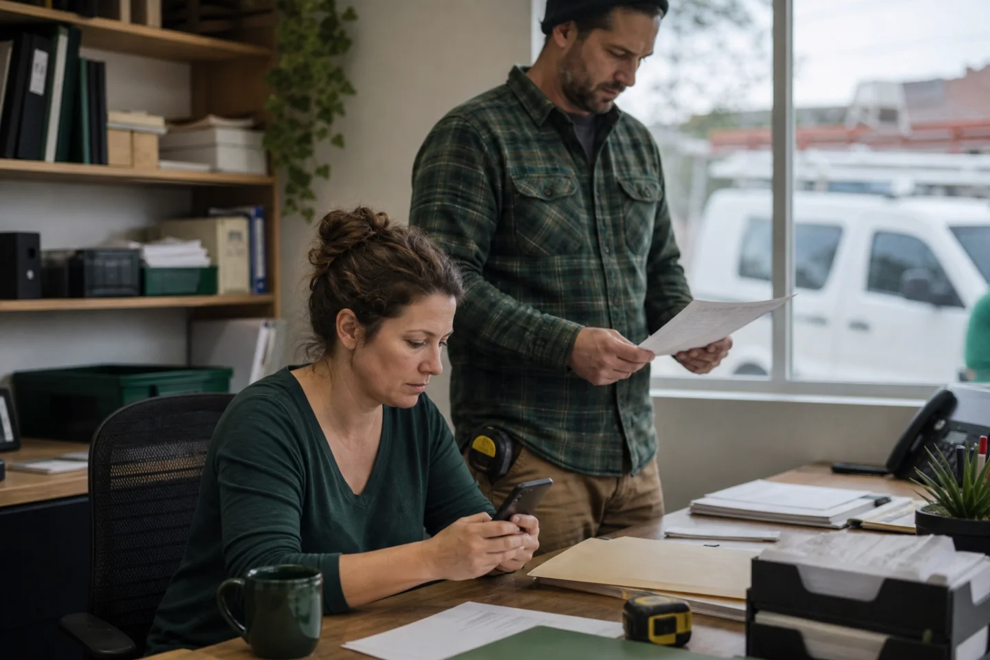 Illustrative home improvement team reviewing an enquiry at their desk