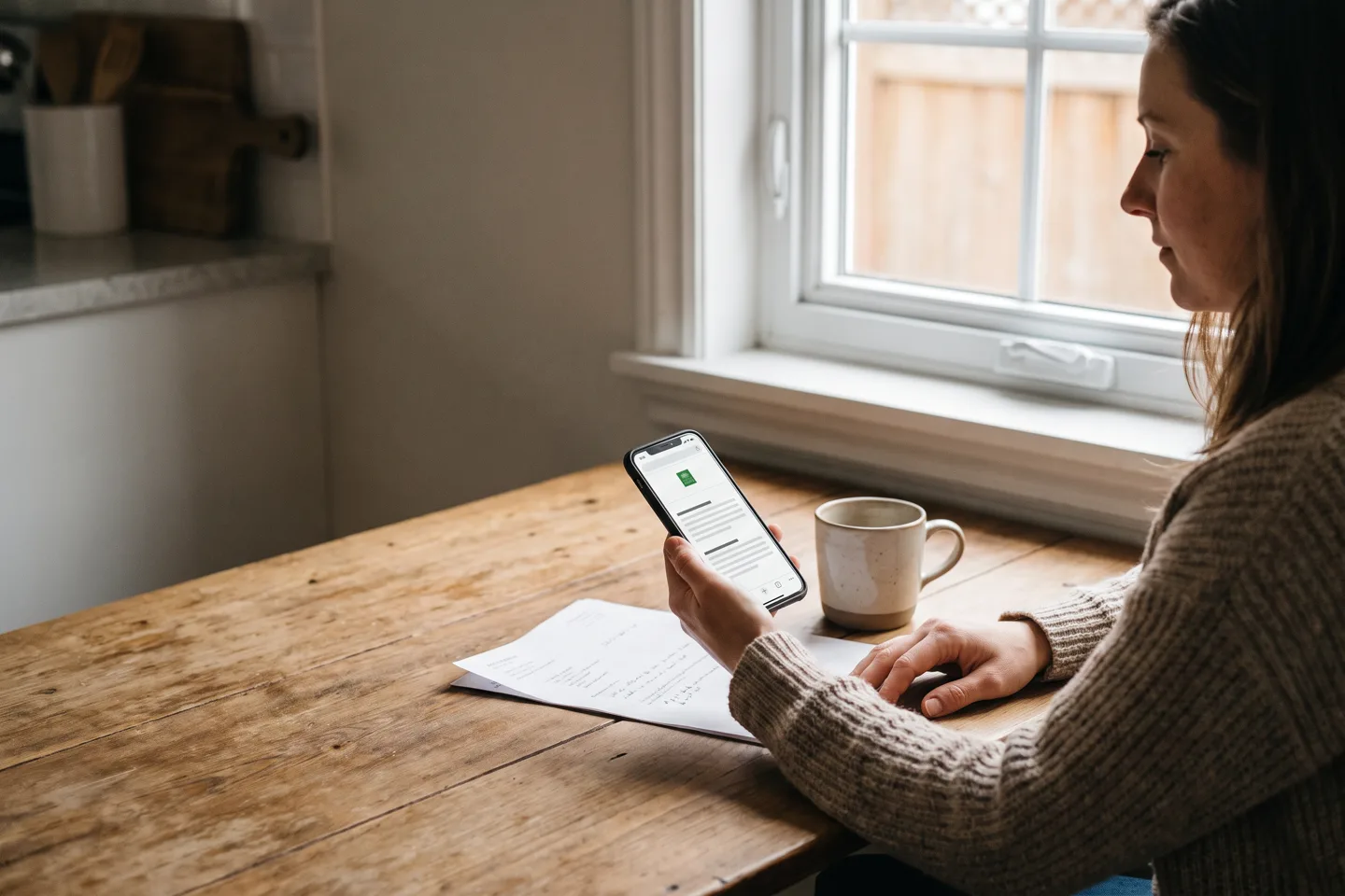 Illustrative homeowner at a kitchen table checking her window project on her phone